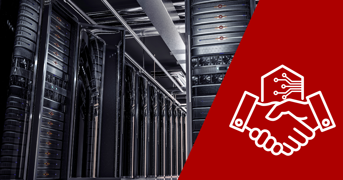 Data center server racks with network infrastructure beside a graphic handshake symbol representing interconnection, illustrating Meet-Me Room (MMR) connectivity in the Inside 151 Front series on carrier-neutral infrastructure at 151 Front Street West in Toronto.