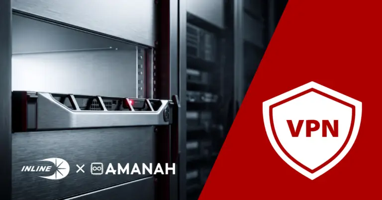 Inline Communications and Amanah dedicated server in a Toronto data centre rack, with a VPN shield