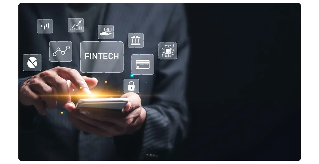 Businessman using a smartphone surrounded by fintech icons for payments, banking, security and trading