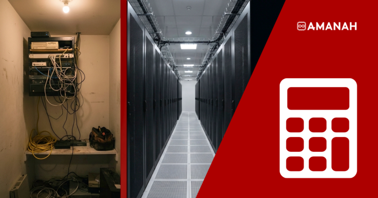Split comparison of a cramped office server closet and a colocation aisle in Amanah's Toronto data centre at 151 Front Street West
