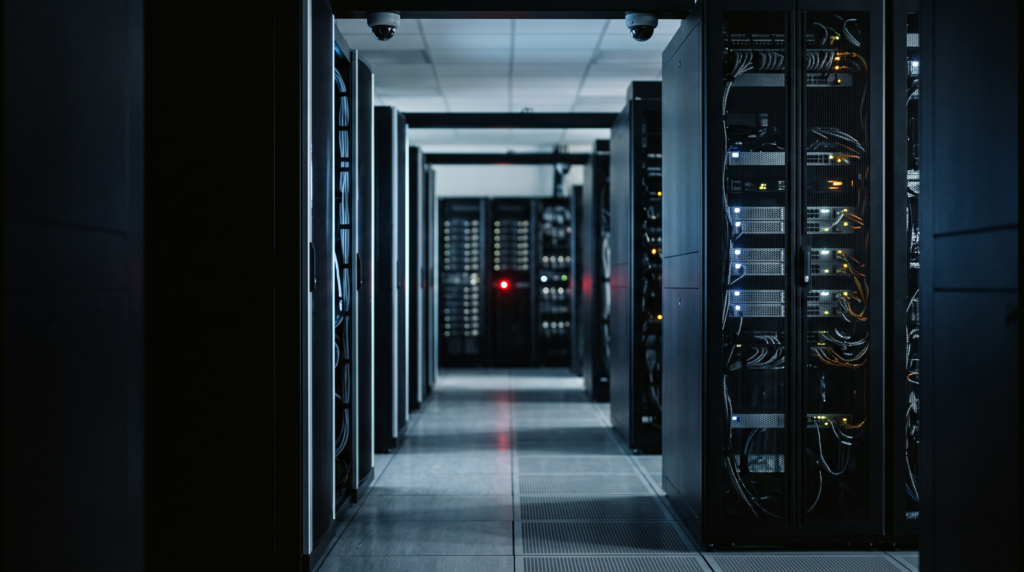 Ceiling dome cameras covering a data centre cold aisle, continuous video surveillance across the floor