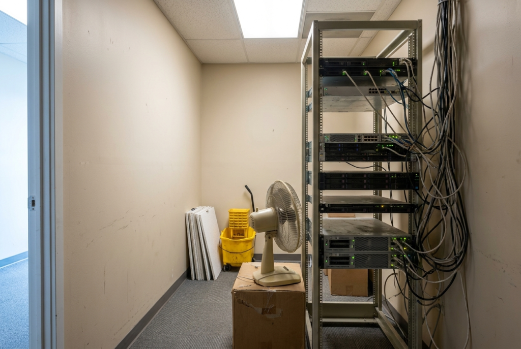 on premise server closet in an office utility room with unmanaged cabling and a desk fan for cooling