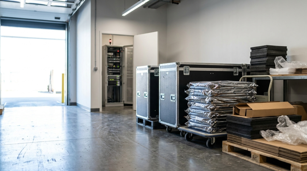 crated servers and rack hardware arriving at a Toronto data centre receiving bay during a colocation migration