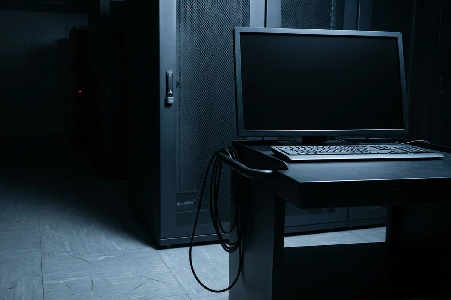 Crash cart parked beside a server rack with a dark screen, waiting on a mis-scoped remote hands request