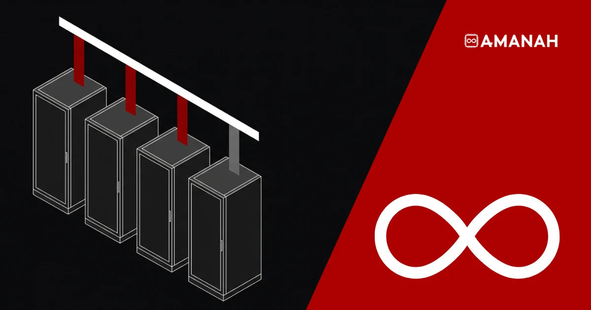 N+1 data centre power redundancy: four identical UPS cabinets on one busbar, three active in red, one spare in grey