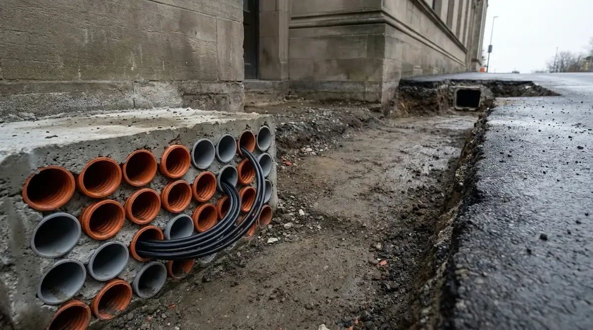 A single concrete duct bank carrying every fibre conduit into a building through one trench, the chokepoint diverse entry avoids.