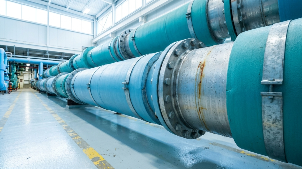 insulated chilled water pipes in a Toronto deep lake cooling plant serving a Canadian owned data centre