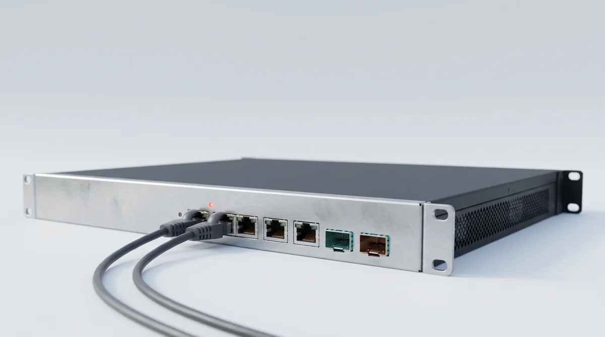 1U rack-mount hardware firewall appliance with RJ45 and SFP ports, cabled in front of colocated servers