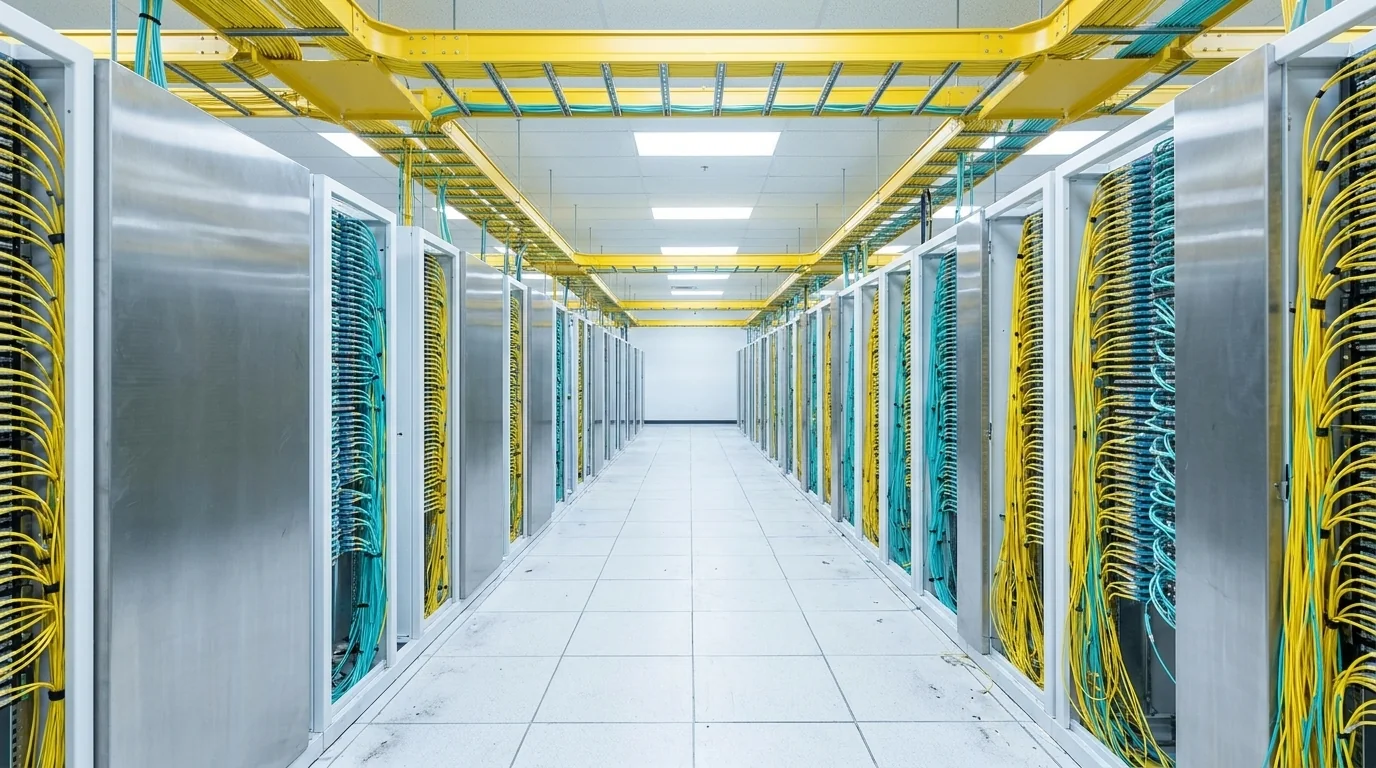 Aisle of fibre cross-connect cabinets in a carrier hotel meet-me room, where separate carrier networks terminate