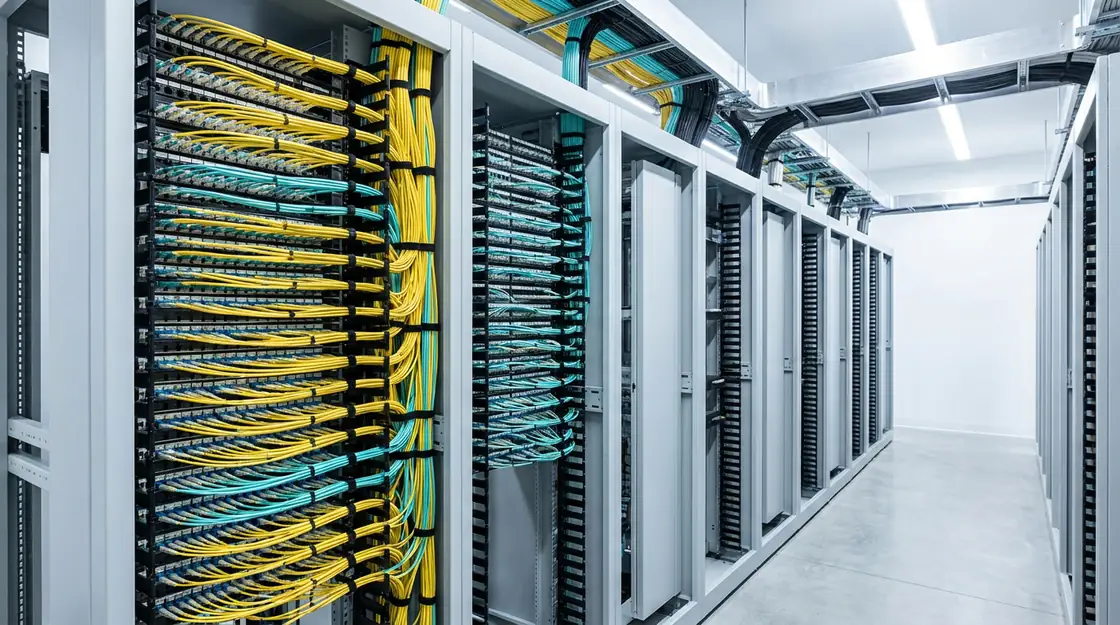 Fibre patch panels and routed trunk cabling in a carrier hotel meet-me room where networks interconnect.