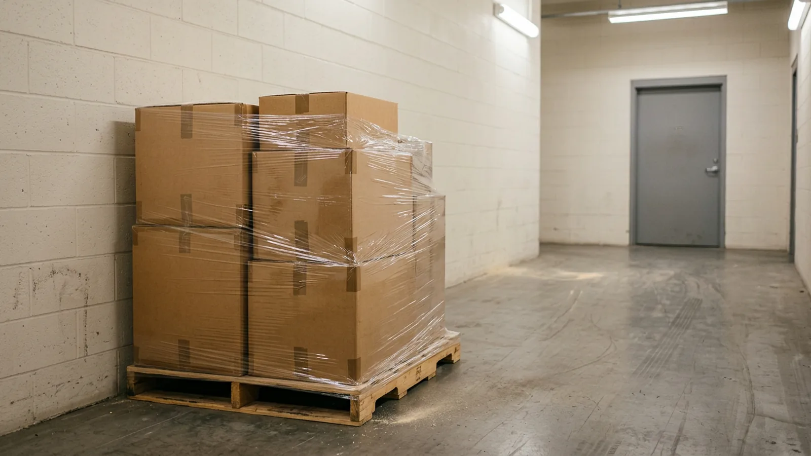 Pallet of sealed shipping cartons waiting in a data centre service corridor, the most common remote hands request