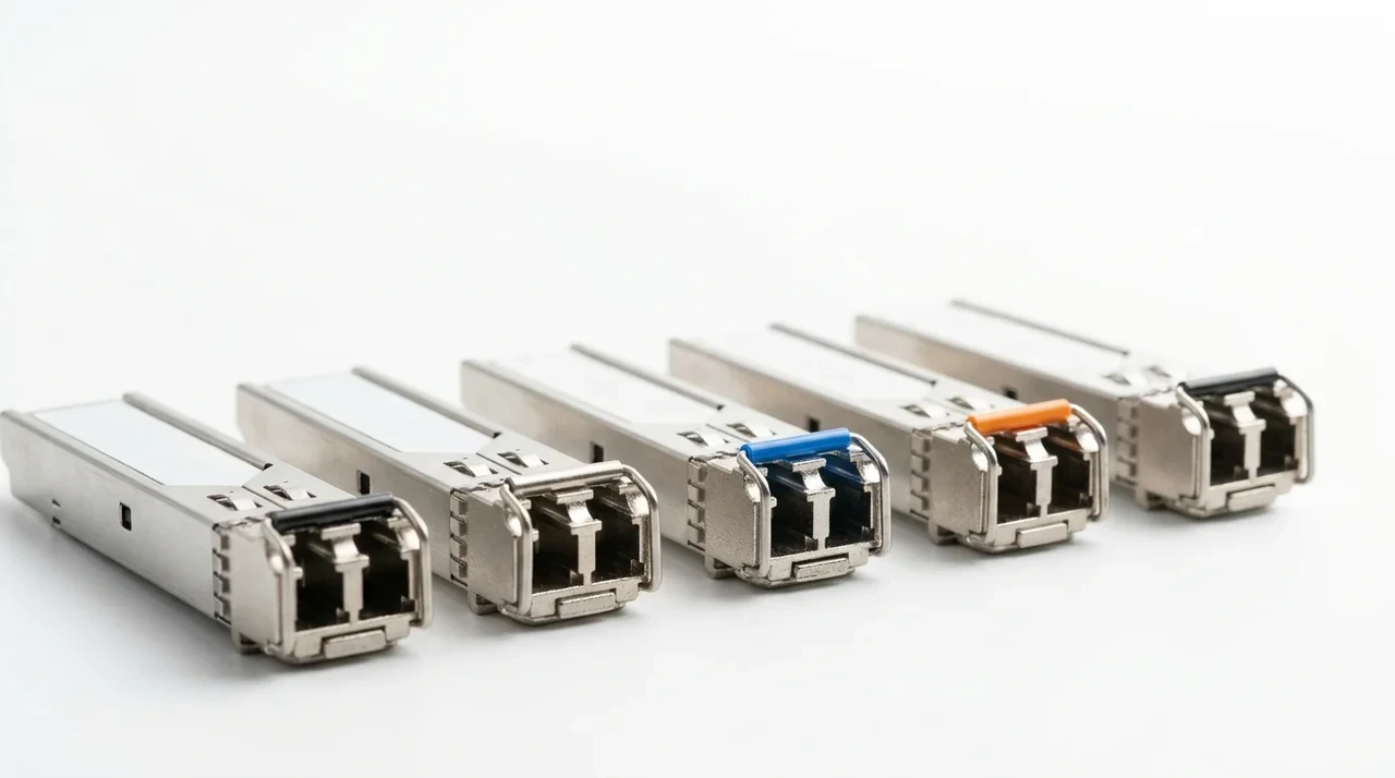 A row of SFP+ optical transceiver modules on a white surface, showing the LC duplex ports and bail latches.