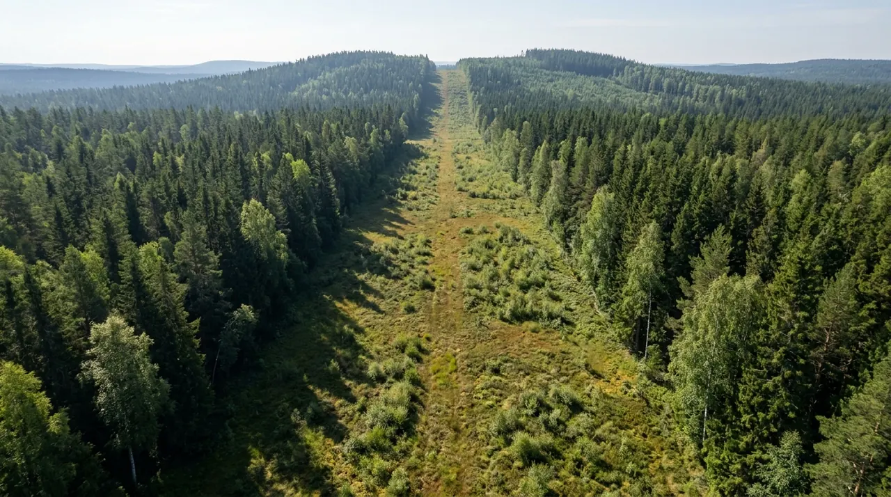 Cleared border vista cutting through forest along the Canada-US boundary, the line that decides whose laws apply
