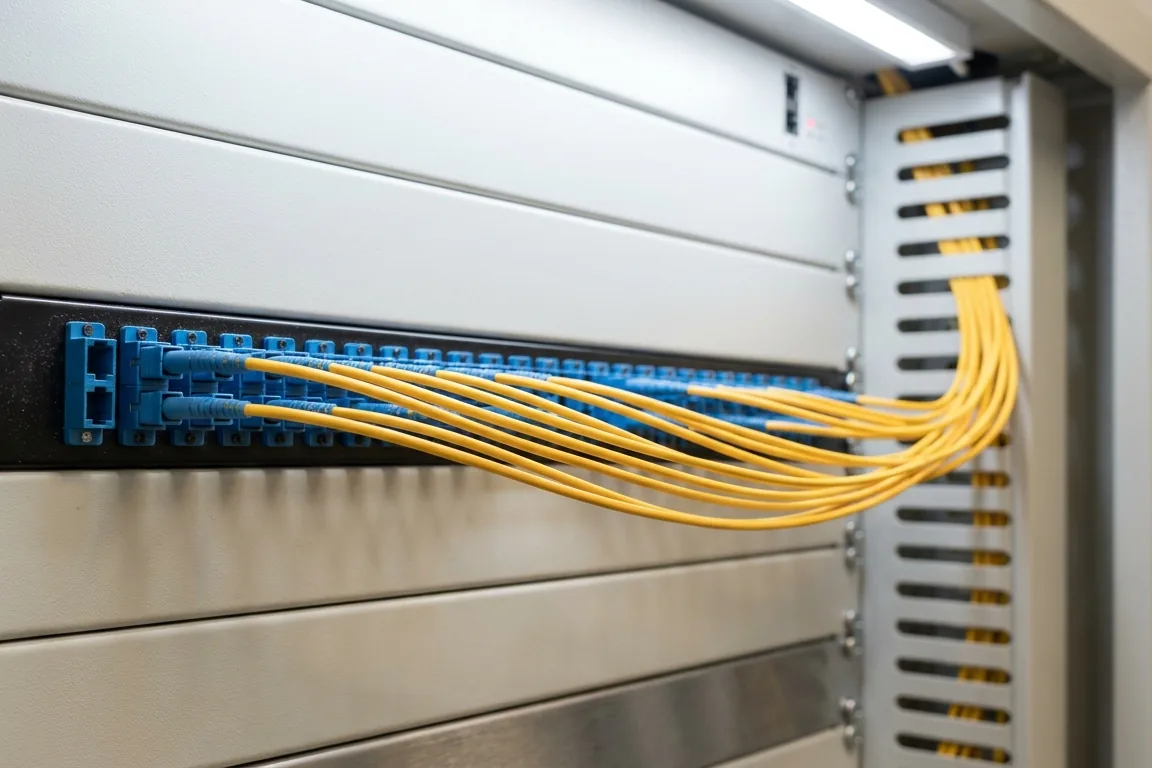 Yellow single-mode fibre cross-connects in a data centre patch panel